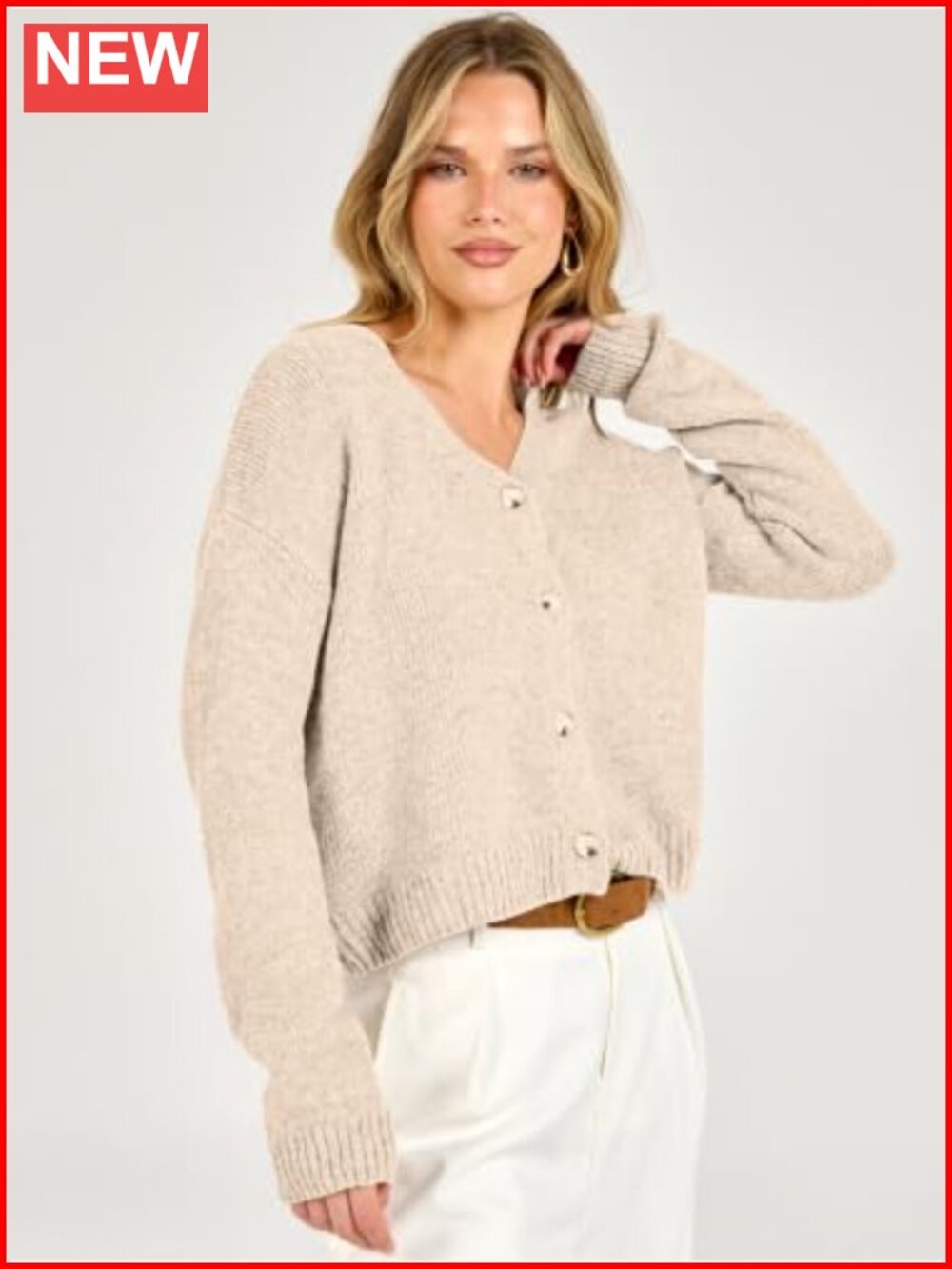 Oversized Crop Cardigan Chunky Knit Sweater Button Down Open Front V Neck - Picture 2 of 6